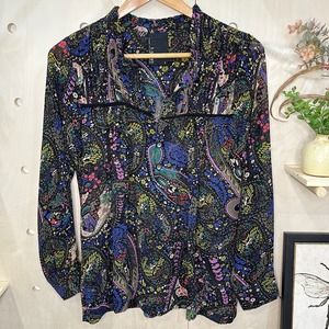 ANTHROPOLOGIE Dolan Odessa Peasant Blouse SZ S Dark Semi-Sheer Chiffon Floral